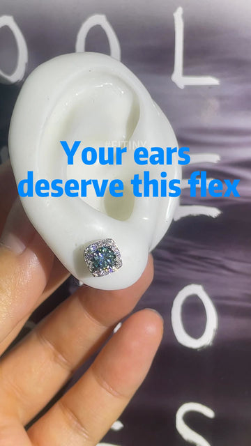Multicolor Moissanite Halo Stud on White Ear Display