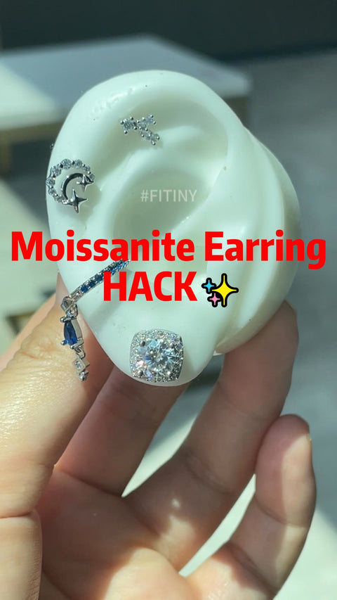 S925 Square Halo Moissanite Stud on Ear Display