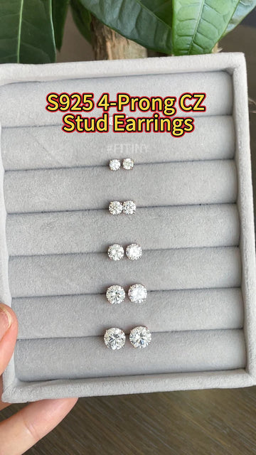 S925 4-Prong CZ Stud Earrings in Five Visible Sizes