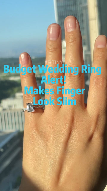 Emerald Cut Ring on Hand, Budget Wedding Ring Alert