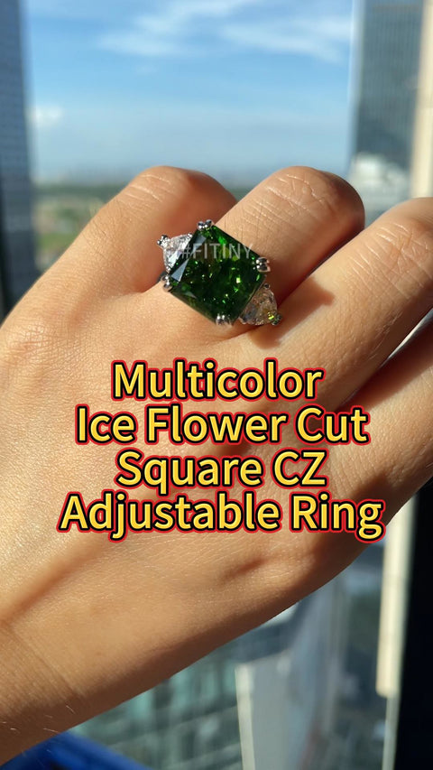 Anillo cuadrado de CZ multicolor verde con corte Ice Flower