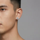 S925 Magnetic Multicolor Moissanite Square Halo Stud Earrings worn by male model – luxury studio portrait