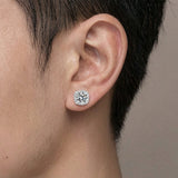 Close-up of S925 Magnetic Multicolor Moissanite Square Halo Stud Earrings on ear