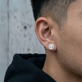 Close-up of Stainless Steel Magnetic CZ Square Halo Stud Earrings on ear
