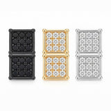 Three pairs of magnetic square CZ stud earrings in black, gold and silver
