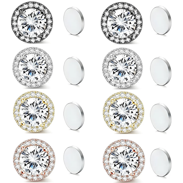 Stainless Steel Magnetic CZ Round Stud Earrings for Men Women, Round Cubic Zirconia Inlaid Magnetic Earrings Non-Piercing Clip On Stud Earring