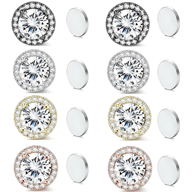 Stainless Steel Magnetic CZ Round Halo Stud Earrings for Men Women, Round Cubic Zirconia Inlaid Magnetic Earrings Non-Piercing Clip On Stud Earring - Fitiny