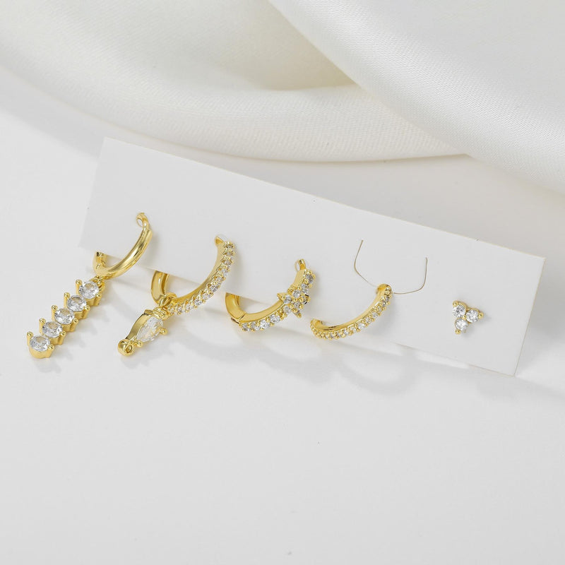 5 Pieces Simple Clover Single-Row Serrated Ear Cuff Earring Set, 18k Gold-Plated  Teardrop Zircon Earrings, S925 Needle, Stacked Lobe Designs with Dazzling Zirconia