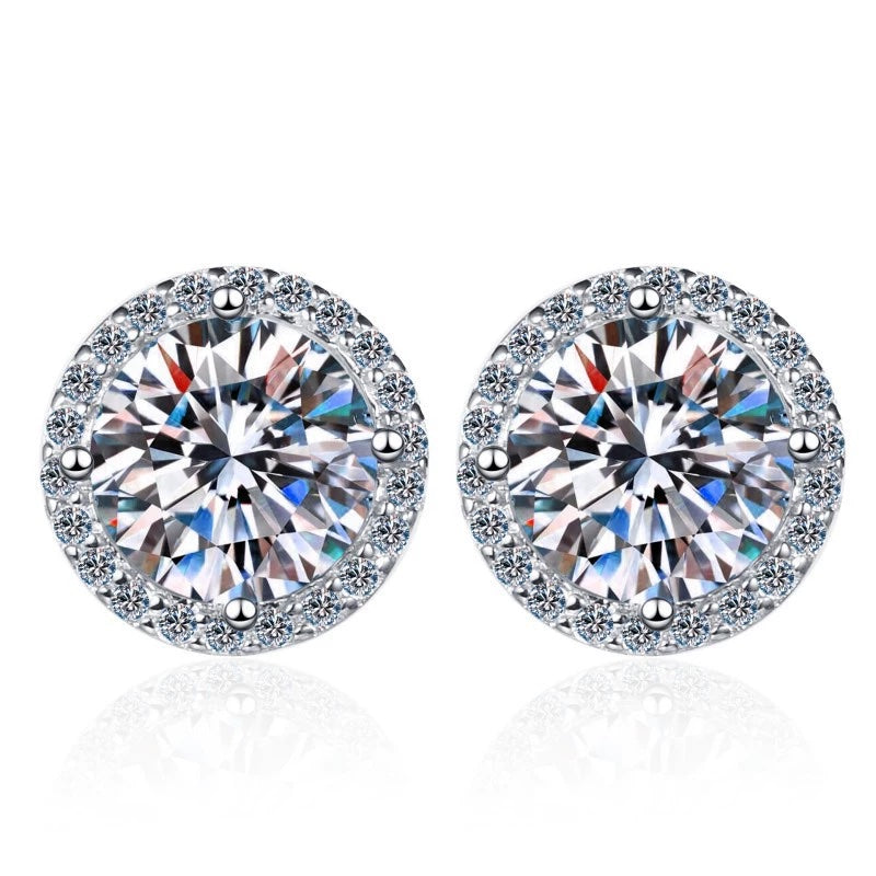 S925 Multicolor Moissanite Round Halo Stud Earrings with Threaded Needle, 8 Color Options, 0.1-3ct D-Grade VVS, Sterling Silver Jewelry for Men Women