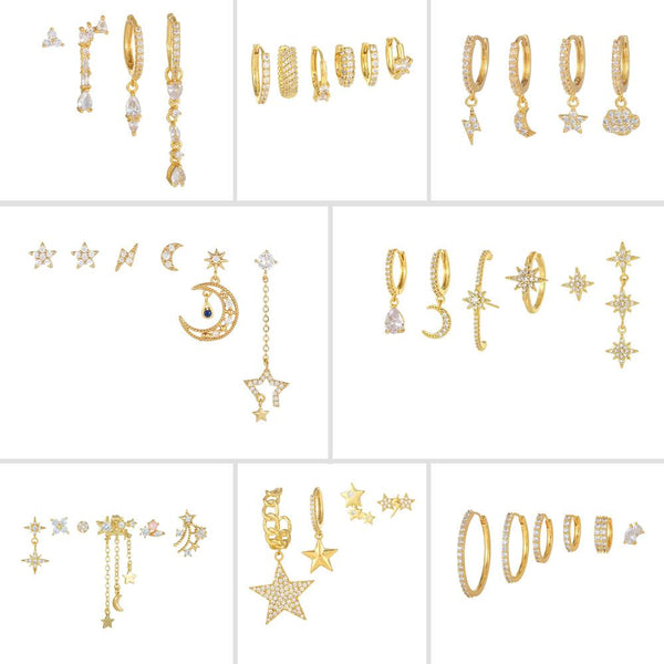6 Pieces Dainty Glam Earring Set, 18k Gold Hoops, S925 Needle, Stacked Lobe Designs with Dazzling Zirconia