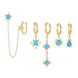 Multi Sets of Blue Flower Pierced Earrings, 4-6pcs, 18k Gold Plated Stud Drop Hoop Huggie Cuff Chain, S925 Needle, Stacked Lobe Designs with Dazzling Zirconia