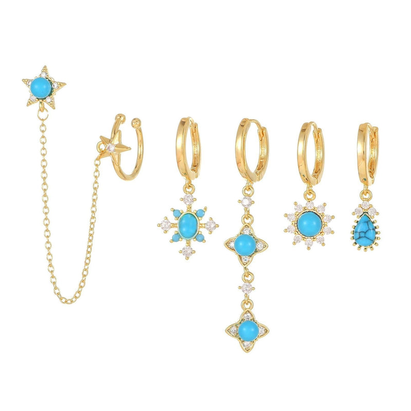 Multi Sets of Blue Flower Pierced Earrings, 4-6pcs, 18k Gold Plated Stud Drop Hoop Huggie Cuff Chain, S925 Needle, Stacked Lobe Designs with Dazzling Zirconia