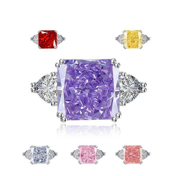 Anillo ajustable con circonitas cúbicas cuadradas con corte de flor de hielo multicolor, 12 x 12 mm, circonita cúbica principal 8A, dos circonitas laterales en forma de corazón, un lujo delicado. 