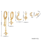 6 Pieces Celestial Star & Moon Earring Set, 18k Gold Plated Stud & Drop, S925 Needle, Stacked Lobe Designs with Dazzling Zirconia