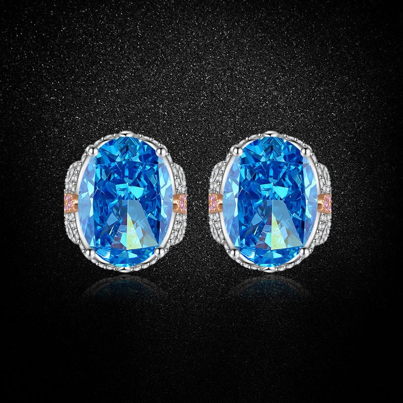 Multicolor Ice Flower Cut Oval CZ Stud Earrings, Blue & Green 7*9mm 8A Cubic Zirconia, S925 Silver Needle, Two-Tone Pave CZ Halo, Dainty Luxe