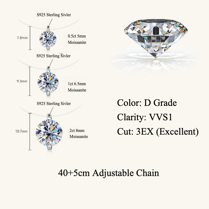 S925 Mermaid Tear Floating Moissanite Necklace, 0.5–3ct Sterling Silver Invisible Fishing Line Pendant, 40+5cm Adjustable Dainty Minimalist Choker