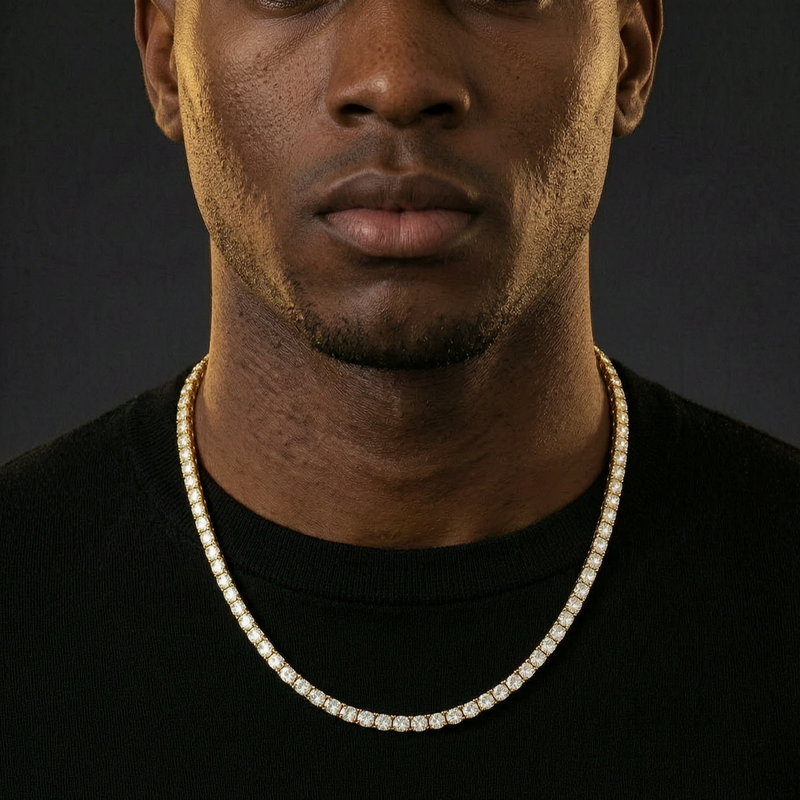 Man wearing the Gold (Width 3mm) iced out tennis chain necklace