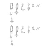 6 Pieces Celestial Star & Moon Earrings, 18k Gold & White Gold Stud Drop Hoop, S925 Needle, Stacked Lobe Designs with Dazzling Zirconia