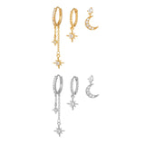 3 Pieces Lunar Starlight Glow Earring Set, 18k Gold and White Gold Stud Drop Hoop, S925 Needle, Stacked Lobe Designs with Dazzling Zirconia
