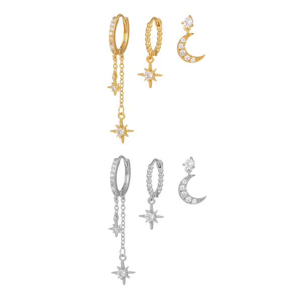 3 Pieces Lunar Starlight Glow Earring Set, 18k Gold and White Gold Stud Drop Hoop, S925 Needle, Stacked Lobe Designs with Dazzling Zirconia