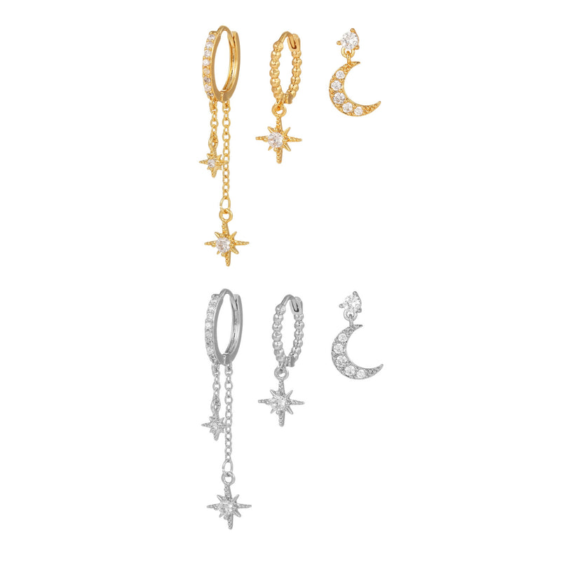 3 Pieces Lunar Starlight Glow Earring Set, 18k Gold and White Gold Stud Drop Hoop, S925 Needle, Stacked Lobe Designs with Dazzling Zirconia