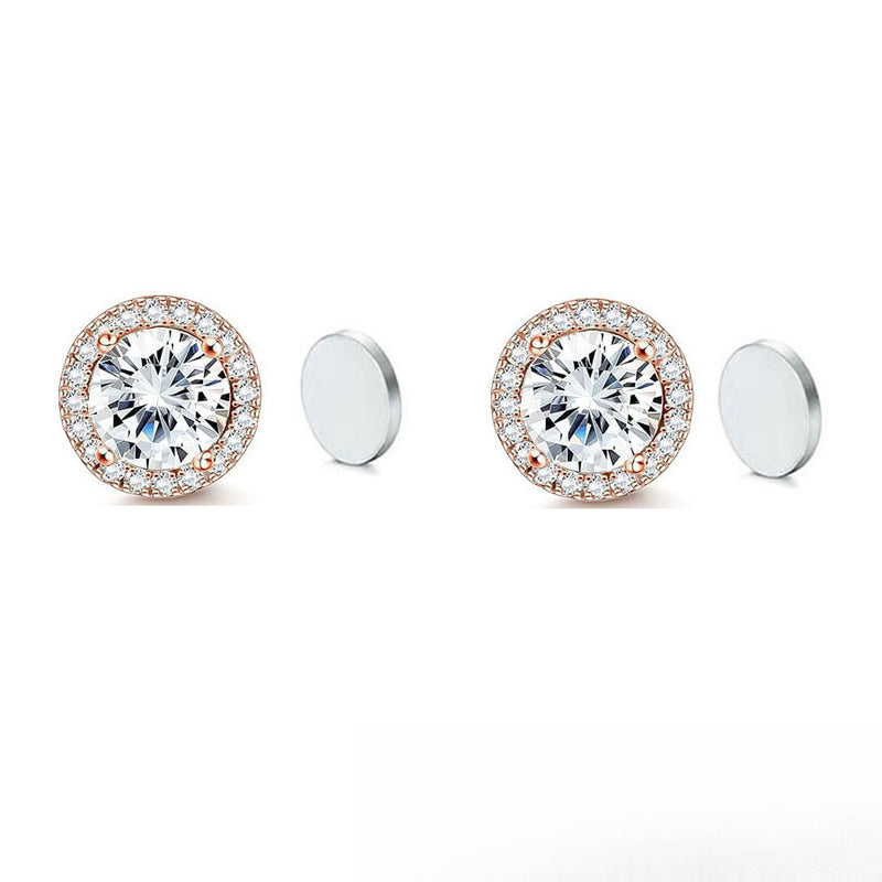 Stainless Steel Magnetic CZ Round Halo Stud Earrings for Men Women, Round Cubic Zirconia Inlaid Magnetic Earrings Non-Piercing Clip On Stud Earring - Fitiny