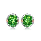 Multicolor Ice Flower Cut Oval CZ Stud Earrings, Blue & Green 7*9mm 8A Cubic Zirconia, S925 Silver Needle, Two-Tone Pave CZ Halo, Dainty Luxe