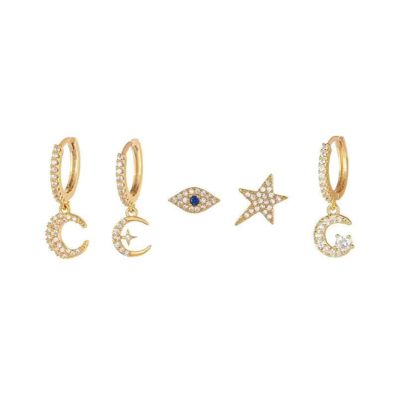 5 Pieces Mystic Moon & Evil Eye Earring Set, 18k Gold Hoop D - Front View - FITINY Jewelry