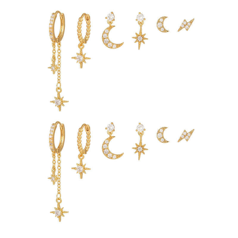 6 Pieces Celestial Star & Moon Earrings, 18k Gold & White Gold Stud Drop Hoop, S925 Needle, Stacked Lobe Designs with Dazzling Zirconia
