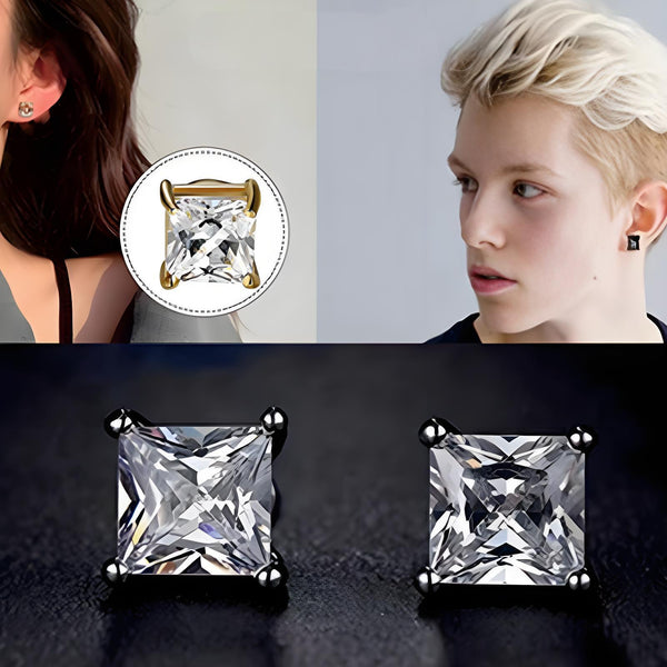 Stainless Steel Magnetic Princess Cut Stud Earrings for Men Women, 6/8mm Square CZ Inlaid Magnetic Earrings Non-Piercing Clip On Stud Earring
