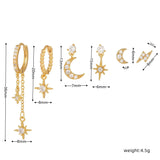 6 Pieces Celestial Star & Moon Earrings, 18k Gold & White Gold Stud Drop Hoop, S925 Needle, Stacked Lobe Designs with Dazzling Zirconia