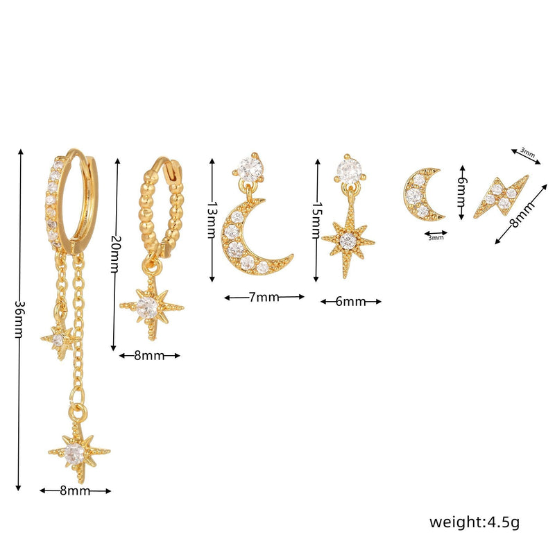 6 Pieces Celestial Star & Moon Earrings, 18k Gold & White Gold Stud Drop Hoop, S925 Needle, Stacked Lobe Designs with Dazzling Zirconia