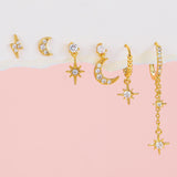 6 Pieces Celestial Star & Moon Earrings, 18k Gold & White Gold Stud Drop Hoop, S925 Needle, Stacked Lobe Designs with Dazzling Zirconia