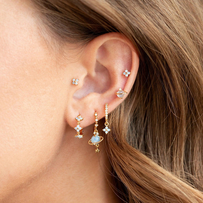 Multi Sets of Blue Flower Pierced Earrings, 4-6pcs, 18k Gold Plated Stud Drop Hoop Huggie Cuff Chain, S925 Needle, Stacked Lobe Designs with Dazzling Zirconia
