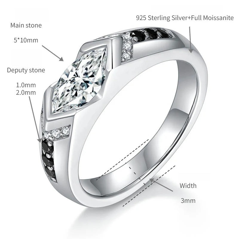 Marquise Moissanite Ring – 1.26ct Black & White Contrast Design in Sterling Silver with 18K Gold Plating