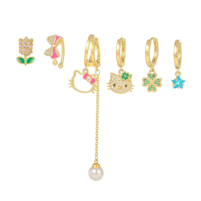 Multi Sets of Blue Flower Pierced Earrings, 4-6pcs, 18k Gold Plated Stud Drop Hoop Huggie Cuff Chain, S925 Needle, Stacked Lobe Designs with Dazzling Zirconia