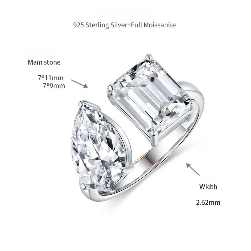 Classic Double-Stone Emerald-Cut Moissanite Ring in Sterling - Detail View - FITINY Jewelry