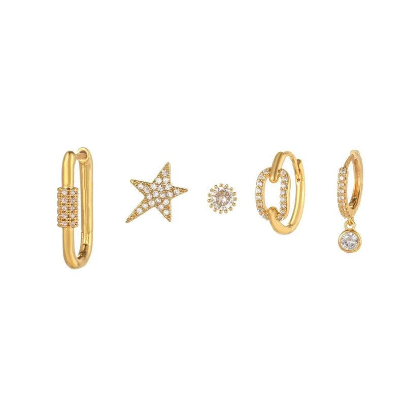 5 Pieces Starry Clasp Earring Set, 18k Gold Stud Drop Hoop,  - Front View - FITINY Jewelry