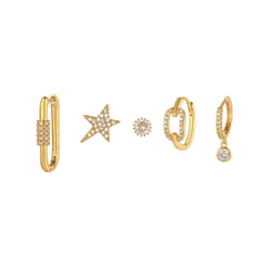 5 Pieces Starry Clasp Earring Set, 18k Gold Stud Drop Hoop,  - Front View - FITINY Jewelry