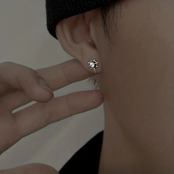 Multicolor Stainless Steel Magnetic 4-Pointed Star CZ Stud Earrings for Men Women, Round Cubic Zirconia Inlaid Magnetic Earrings Non-Piercing Clip On Stud Earring - Fitiny