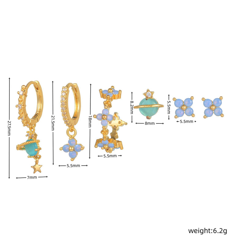 Multi Sets of Blue Flower Pierced Earrings, 4-6pcs, 18k Gold Plated Stud Drop Hoop Huggie Cuff Chain, S925 Needle, Stacked Lobe Designs with Dazzling Zirconia