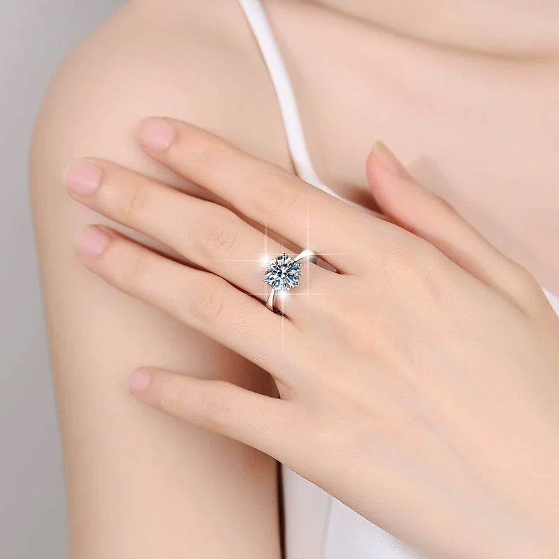 S925 Classic 6-Prong Moissanite Engagement Ring, 0.5–3ct Round Cut D-Grade VVS Certified Solitaire, Sterling Silver Wedding Gift for Her Him