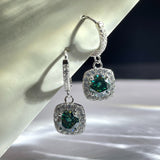 S925 Emerald Green Moissanite Square Halo Earrings with Pavé-Set Halo & Hoop, 1ct D-Grade VVS1 Round Moissanite with GAR certification, Sterling Silver Earrings
