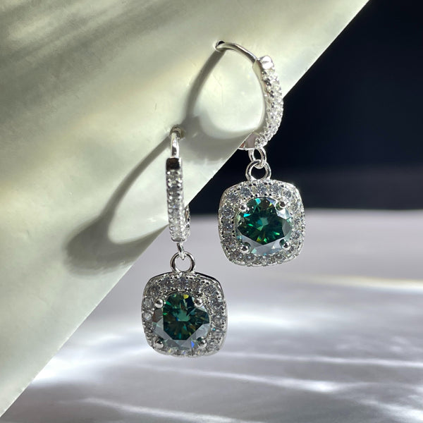 S925 Emerald Green Moissanite Square Halo Earrings with Pavé-Set Halo & Hoop, 1ct D-Grade VVS1 Round Moissanite with GAR certification, Sterling Silver Earrings