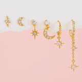 Multi Sets of Chic Star&Moon Earrings, 3-6pcs, 18k Gold Plated Stud Drop Hoop Huggie Cuff Chain, S925 Needle, Stacked Lobe Designs with Dazzling Zirconia