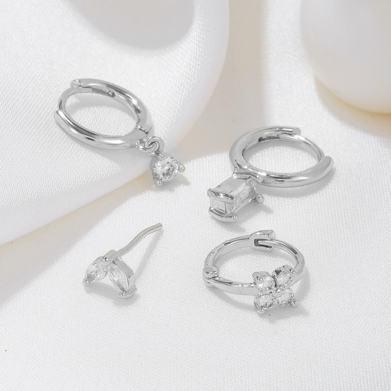 4 Pieces Geometric Zircon Stud Earring Set, 18k Gold Plated Ear Studs and Drops, Trendy Sweet Cool Earrings, S925 Needle, Stacked Lobe Designs with Dazzling Zirconia