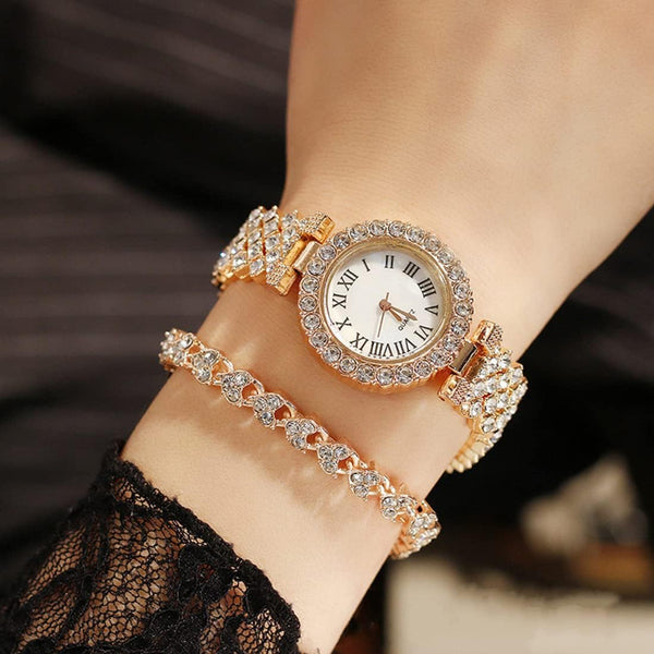 Luxury Women’s Rhinestone Quartz Watch with Diamond-Studded Dial & Bracelet, Shiny Quartz Movement Accurate Time Adjustable Strap Exquisite Electroplated Stainless Luxury Wrist Decoration Watch