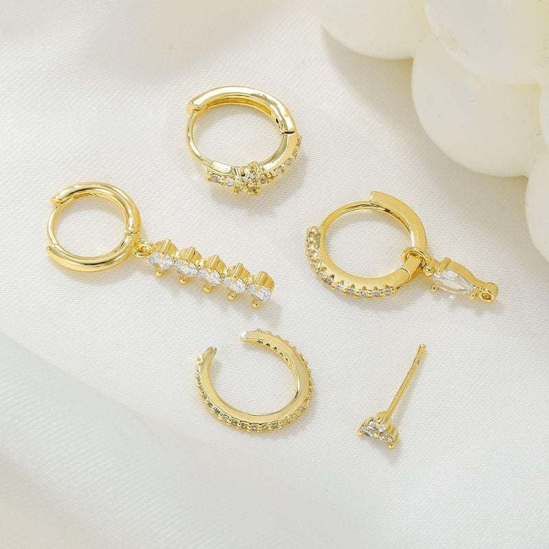 5 Pieces Simple Clover Single-Row Serrated Ear Cuff Earring Set, 18k Gold-Plated  Teardrop Zircon Earrings, S925 Needle, Stacked Lobe Designs with Dazzling Zirconia