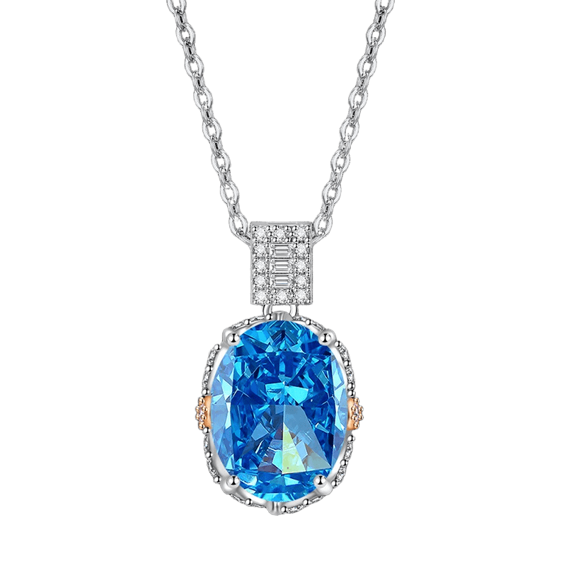 Multicolor Ice Flower Cut Oval CZ Pendant Necklace, Blue & Green 10*14mm 8A Cubic Zirconia, Two-Tone Pave CZ Halo with Pavé Top Frame, Adjustable Chain, Dainty Luxe - FITINY Jewelry