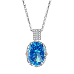 Multicolor Ice Flower Cut Oval CZ Pendant Necklace, Blue & Green 10*14mm 8A Cubic Zirconia, Two-Tone Pave CZ Halo with Pavé Top Frame, Adjustable Chain, Dainty Luxe - FITINY Jewelry